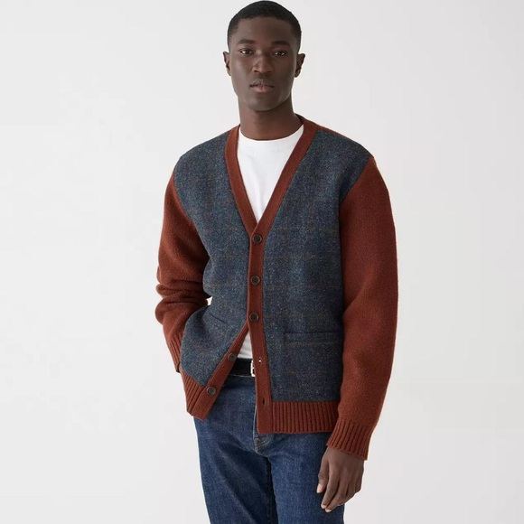 NWT J.Crew Wool V Neck Cardigan Sweater With Harris Tweed Deep Redwood M - Picture 2 of 11
